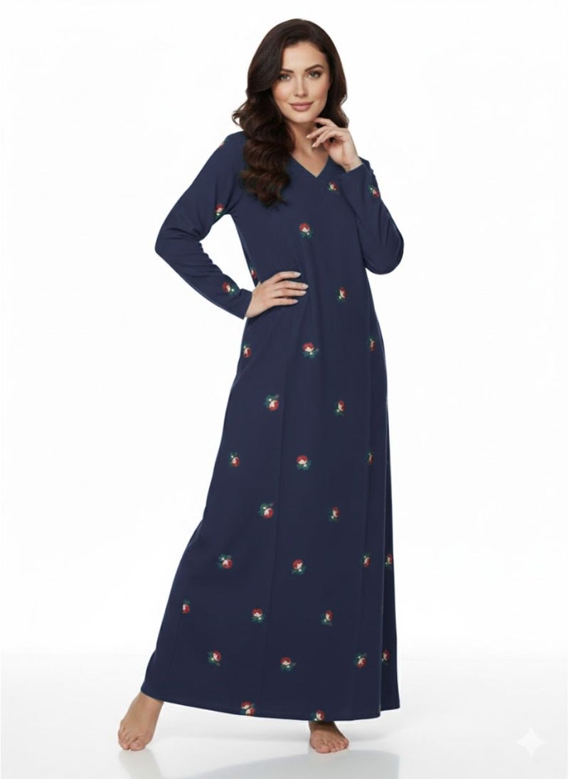 بريميم فستان جلابي نسائي طويل مطبوع عليه براعم ورد باللون الأزرق الداكن - جلابي رمضان - أكمام طويلة، فتحة رقبة على شكل حرف V، قماش محبوك يسمح بمرور الهواء، فستان مريح بطول كامل - Image 1